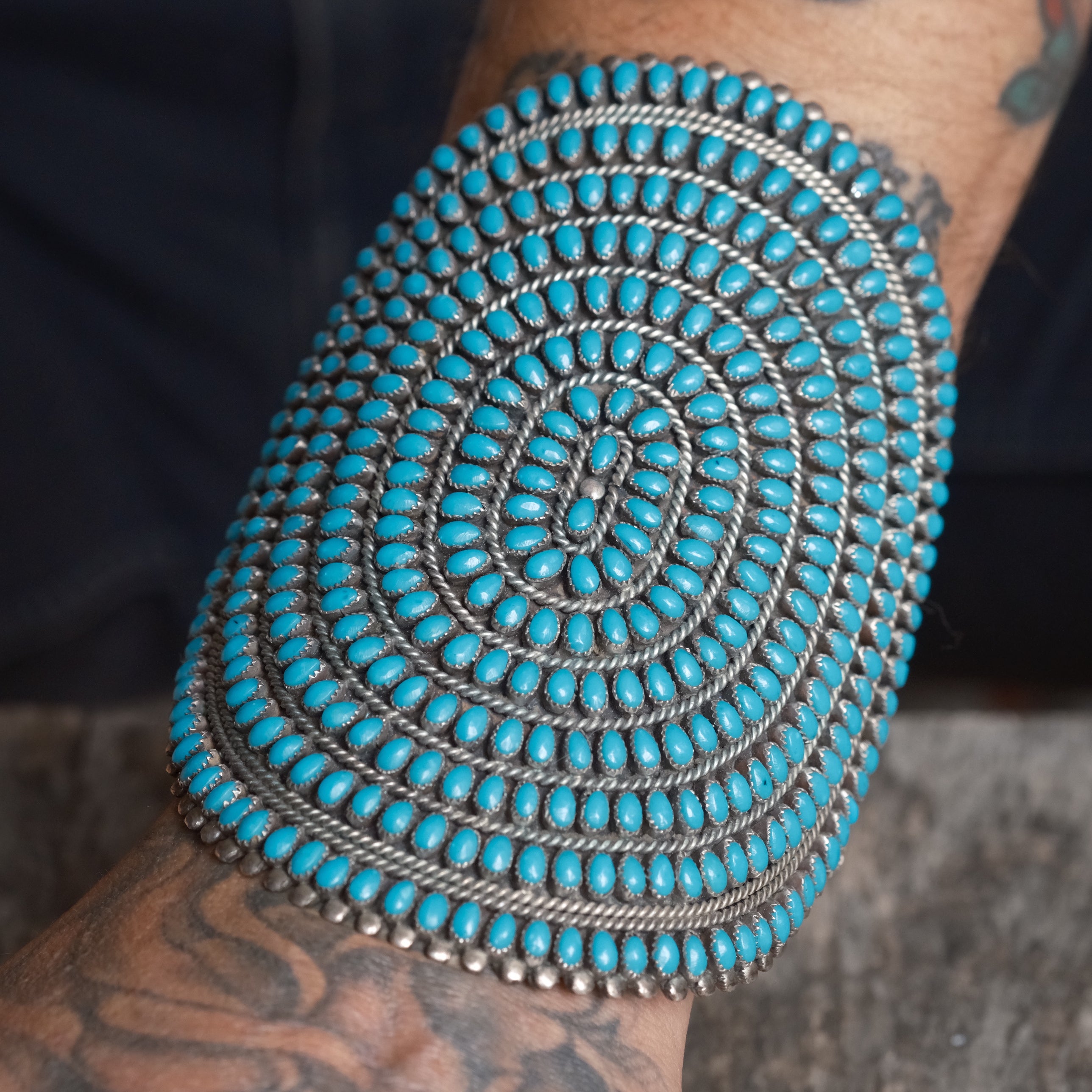 MASSIVE Vintage Sterling Turquoise Inlay Cluster Cuff Bracelet