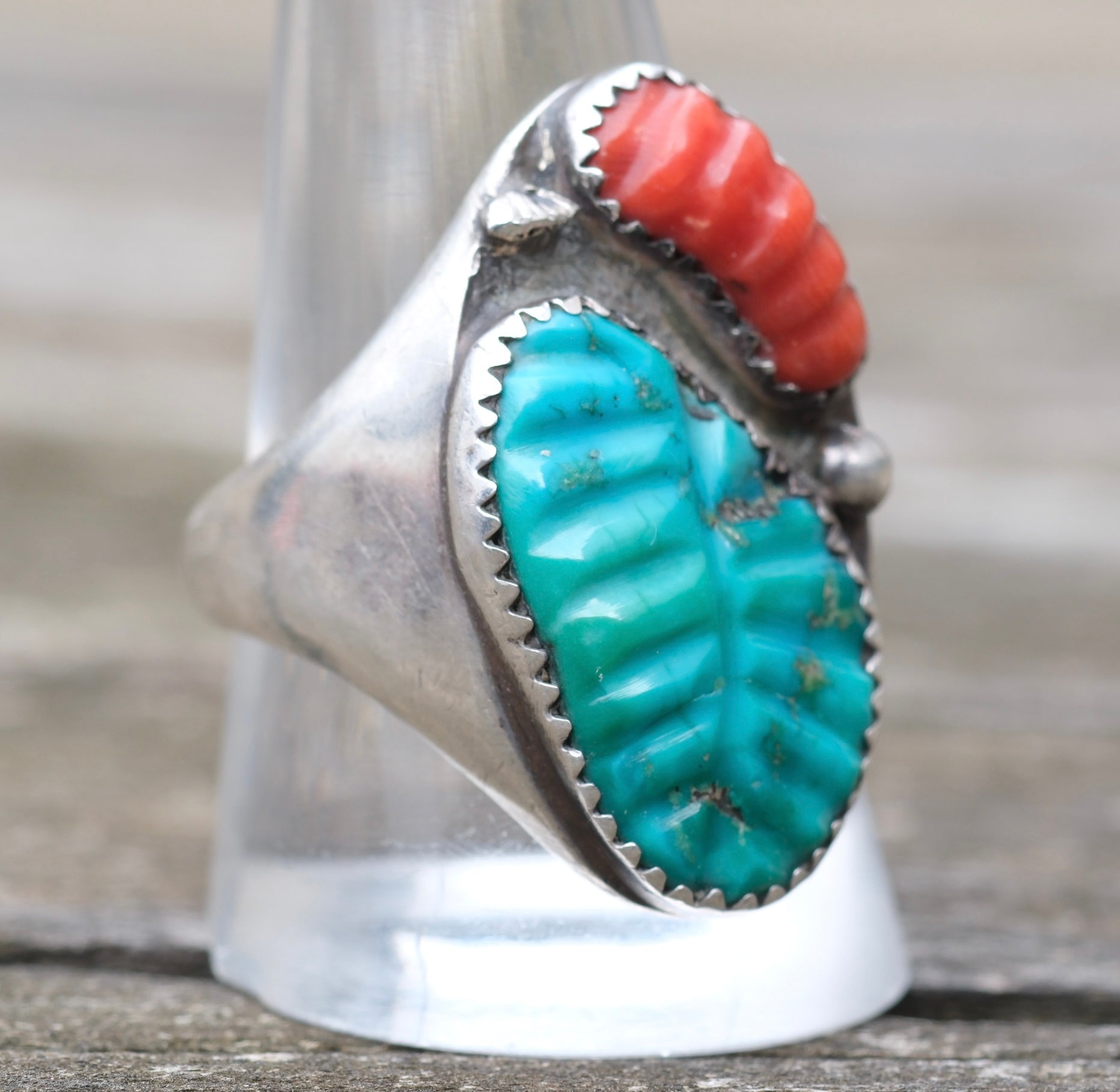 Vintage Sterling Faceted Turquoise and Coral Ring 11