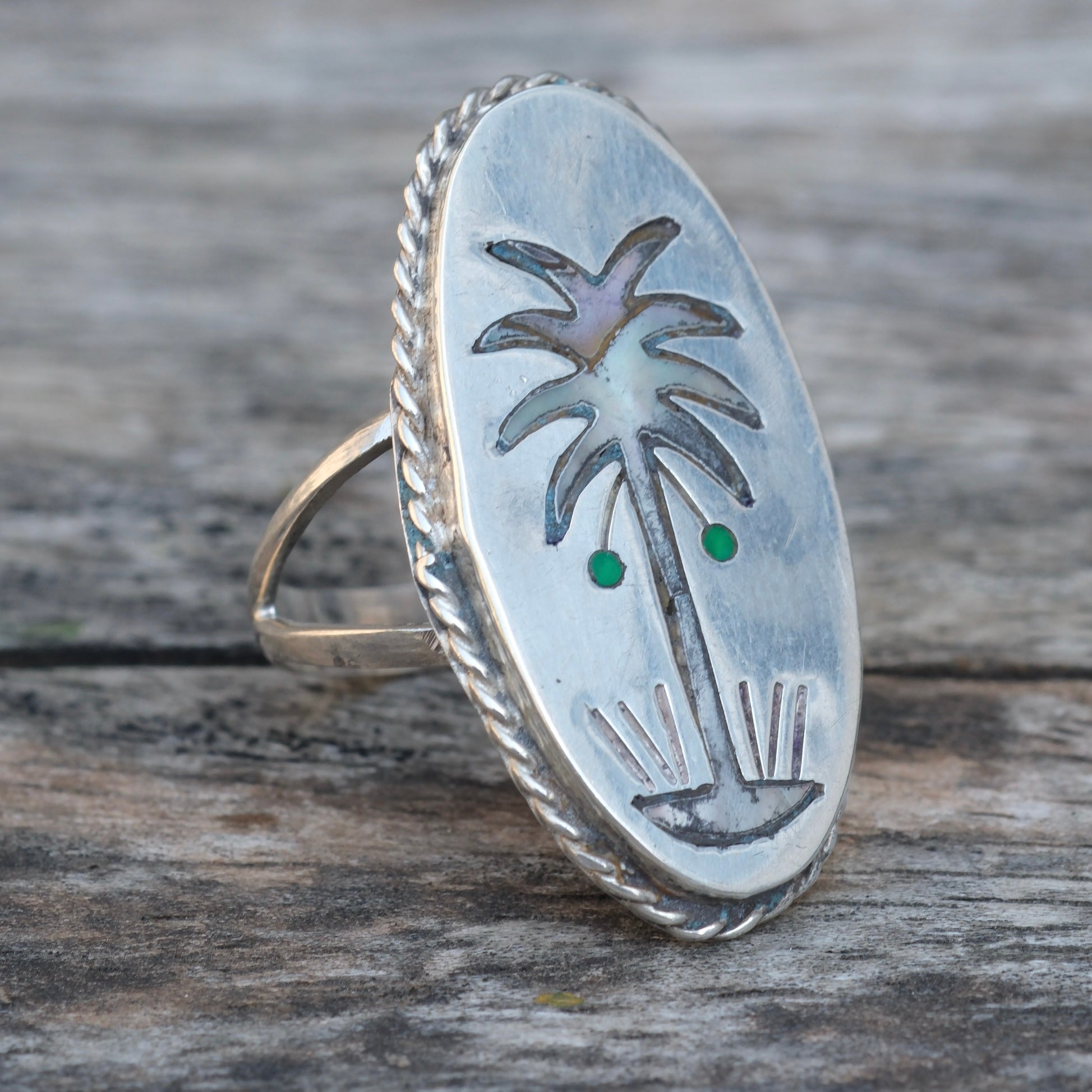 Vintage Sterling Abalone Inlay Palm Tree Ring 6.5