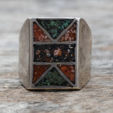 Vintage Sterling Crushed Turquoise and Coral Inlay Ring 9.5