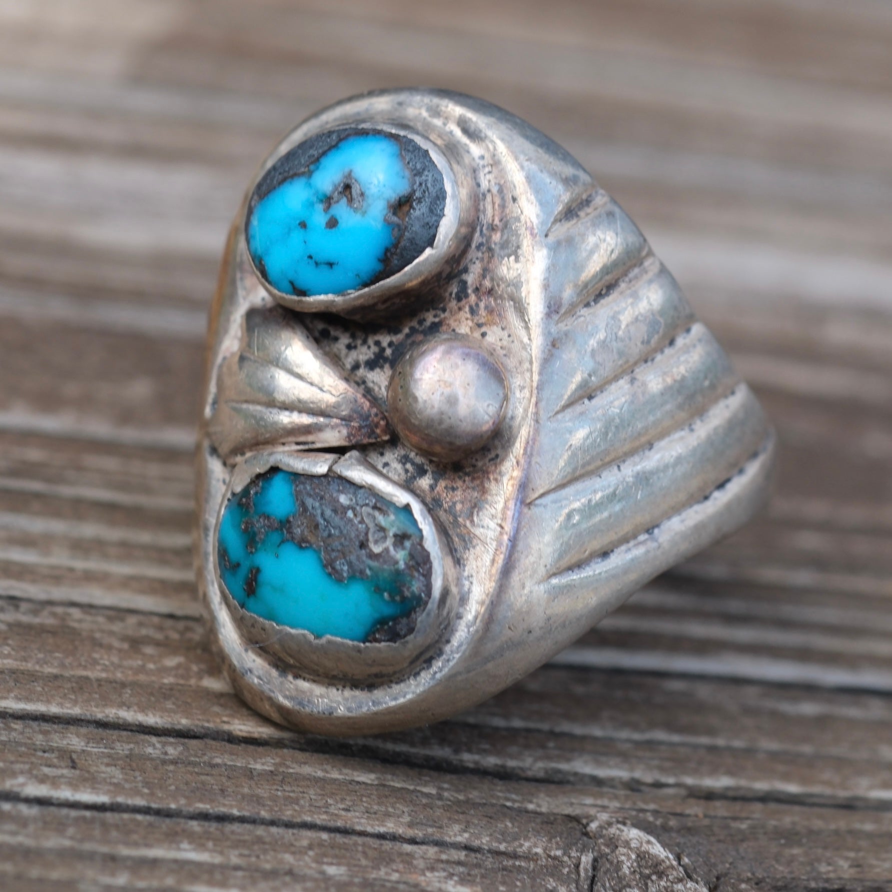 Vintage Sterling 2-Stone Turquoise Ring 9.5