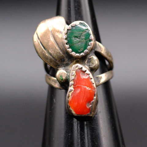 Vintage Sterling Turquoise and Coral Feather Ring 3.25