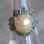 Vintage Sterling Pearl Marcasite Ring 7.5