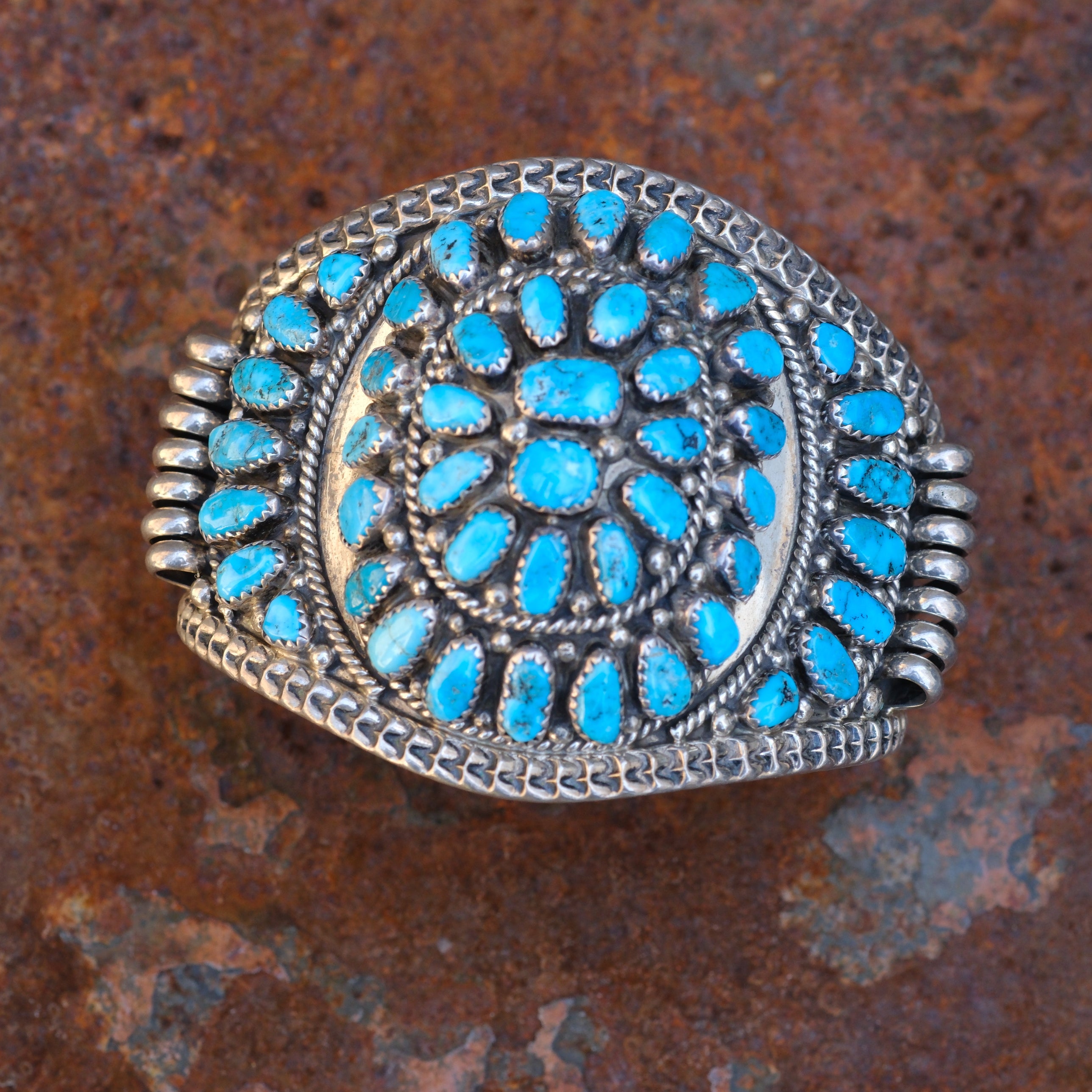Huge Vintage Sterling Turquoise Inlay Cluster Cuff
