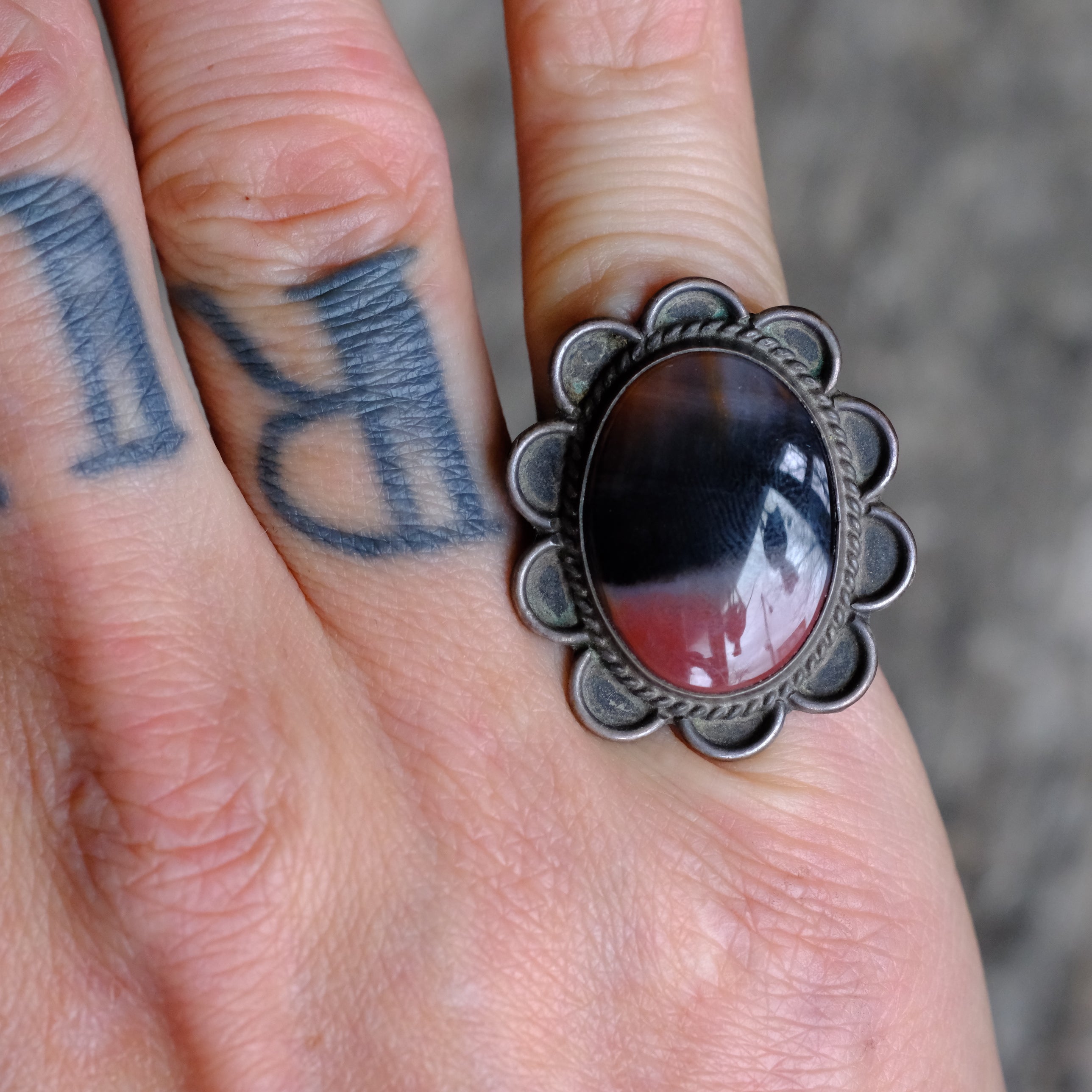 Vintage Sterling Petrified Wood Florette Ring 6