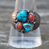 Vintage Sterling Turquoise and Coral Ribbed Band Ring 10.5