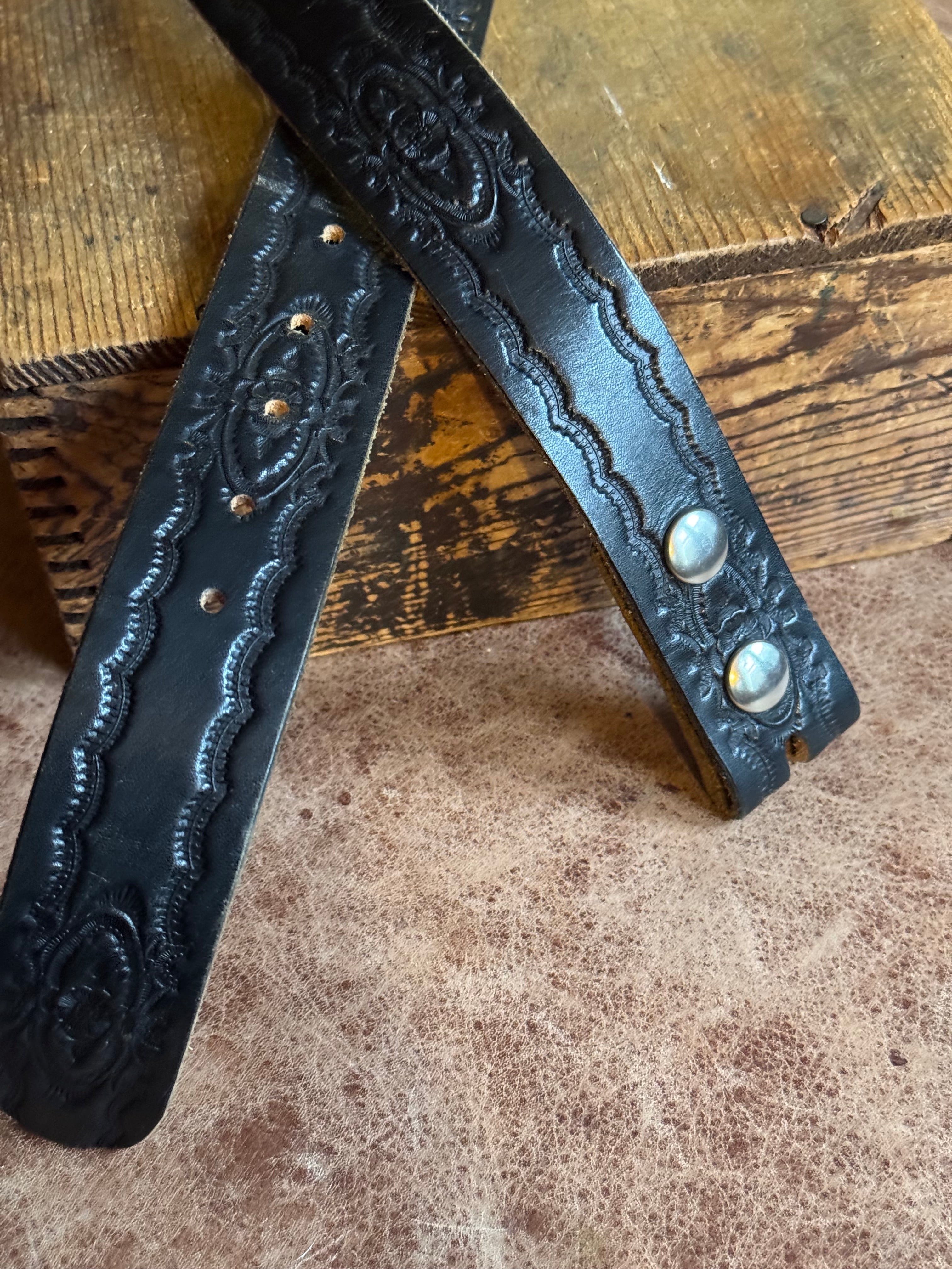 Vintage Hand Tooled Black Leather Belt