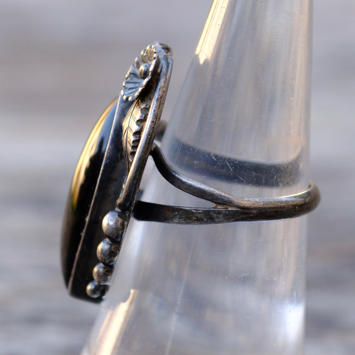 Vintage Sterling Onyx Feather Ring 6.5