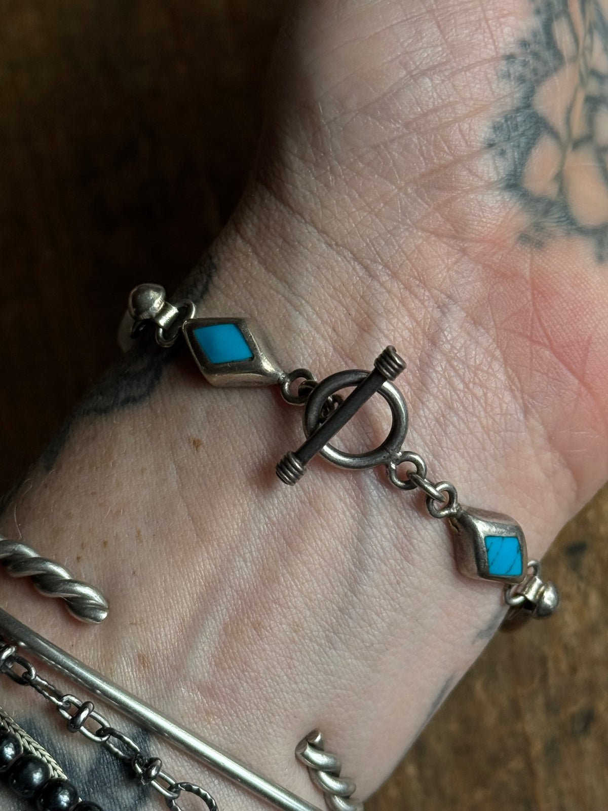 Vintage Sterling Silver Turquoise Inlay Diamond Toggle Bracelet