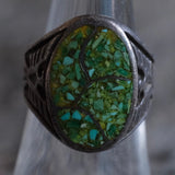 Vintage Sterling Crushed Turquoise Inlay Thunderbird Ring 7.25