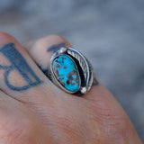 Vintage Sterling Turquoise Feather Stamped Band Ring 7.25