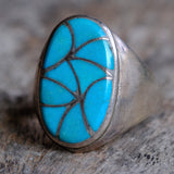 Vintage Sterling Turquoise Fish Scale Inlay Ring 12.75