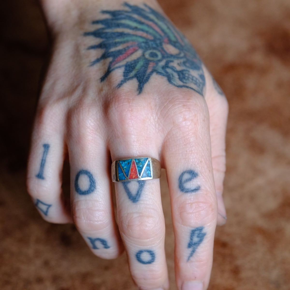 Vintage Sterling Crushed Turquoise and Coral Inlay Ring 8.75