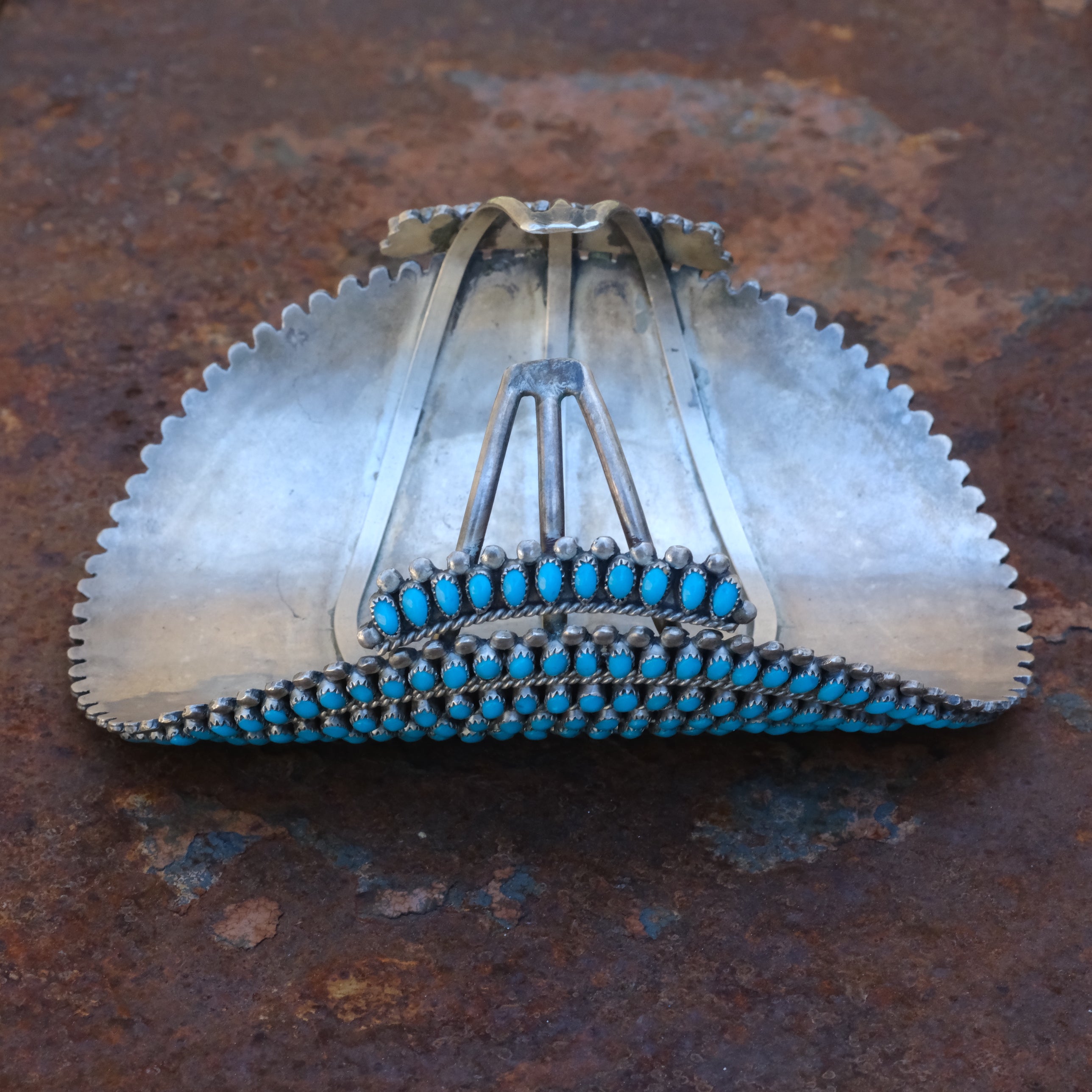 MASSIVE Vintage Sterling Turquoise Inlay Cluster Cuff Bracelet