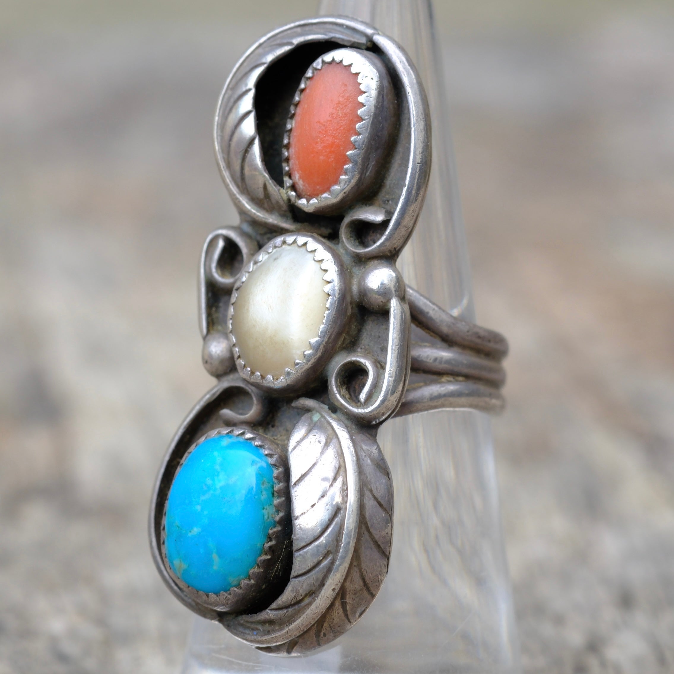 Vintage Sterling Turquoise Coral and Turquoise Feather Ring 7.25