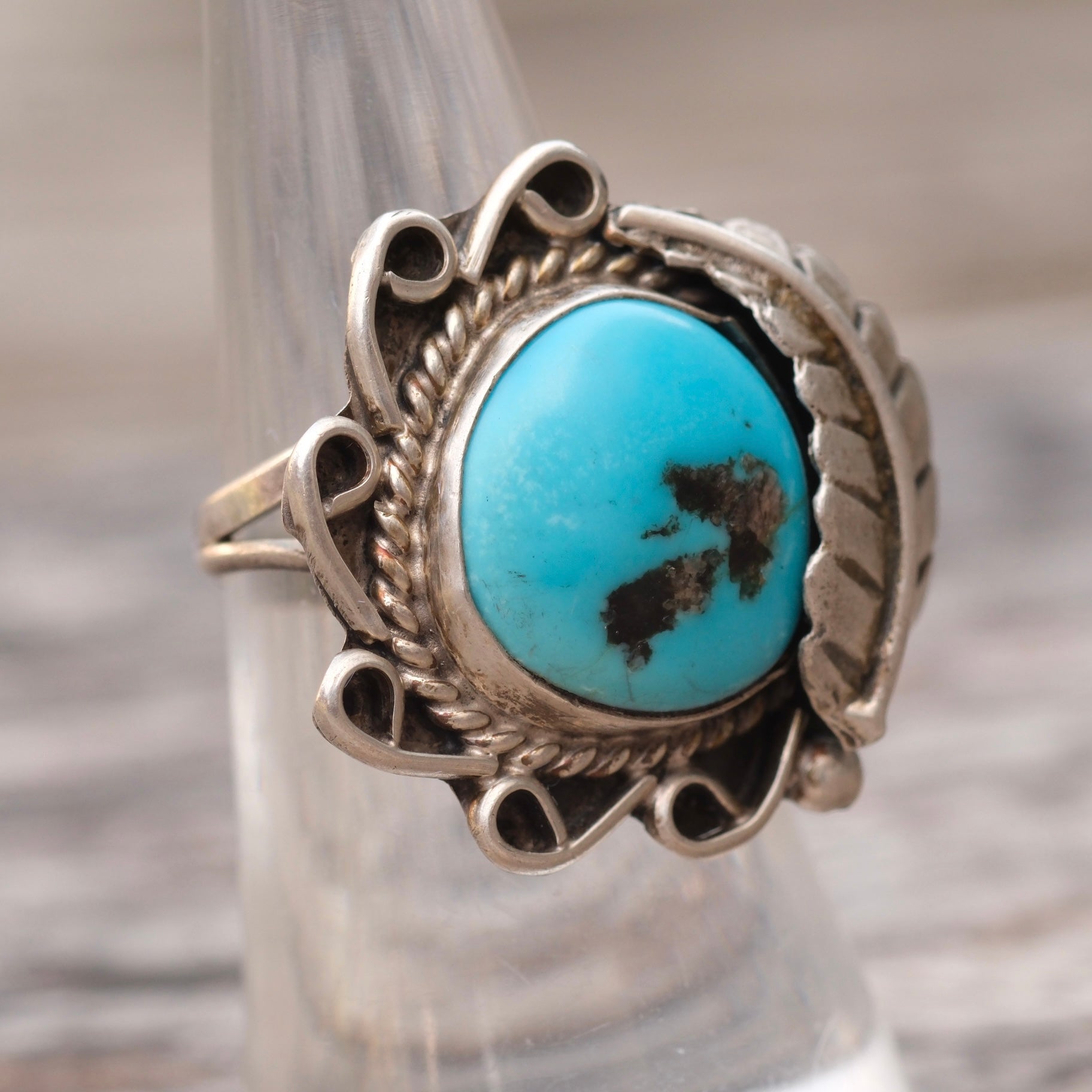 Vintage Sterling Turquoise Feather Ring 6.5