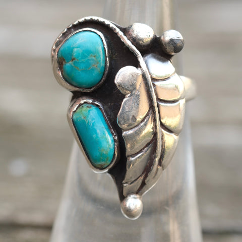 Vintage Sterling 2-Stone Turquoise Feather Ring 5.25