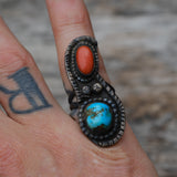 Vintage Sterling Turquoise and Coral Roper Ring 5.25