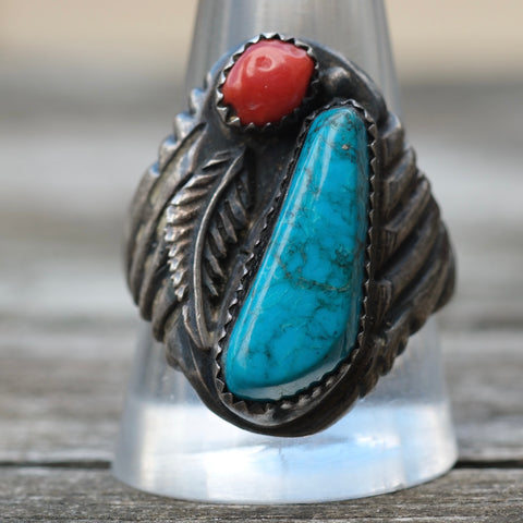 Vintage Sterling Turquoise and Coral Ring 12