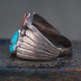 Vintage Sterling Turquoise and Coral Ribbed Band Ring 8.5