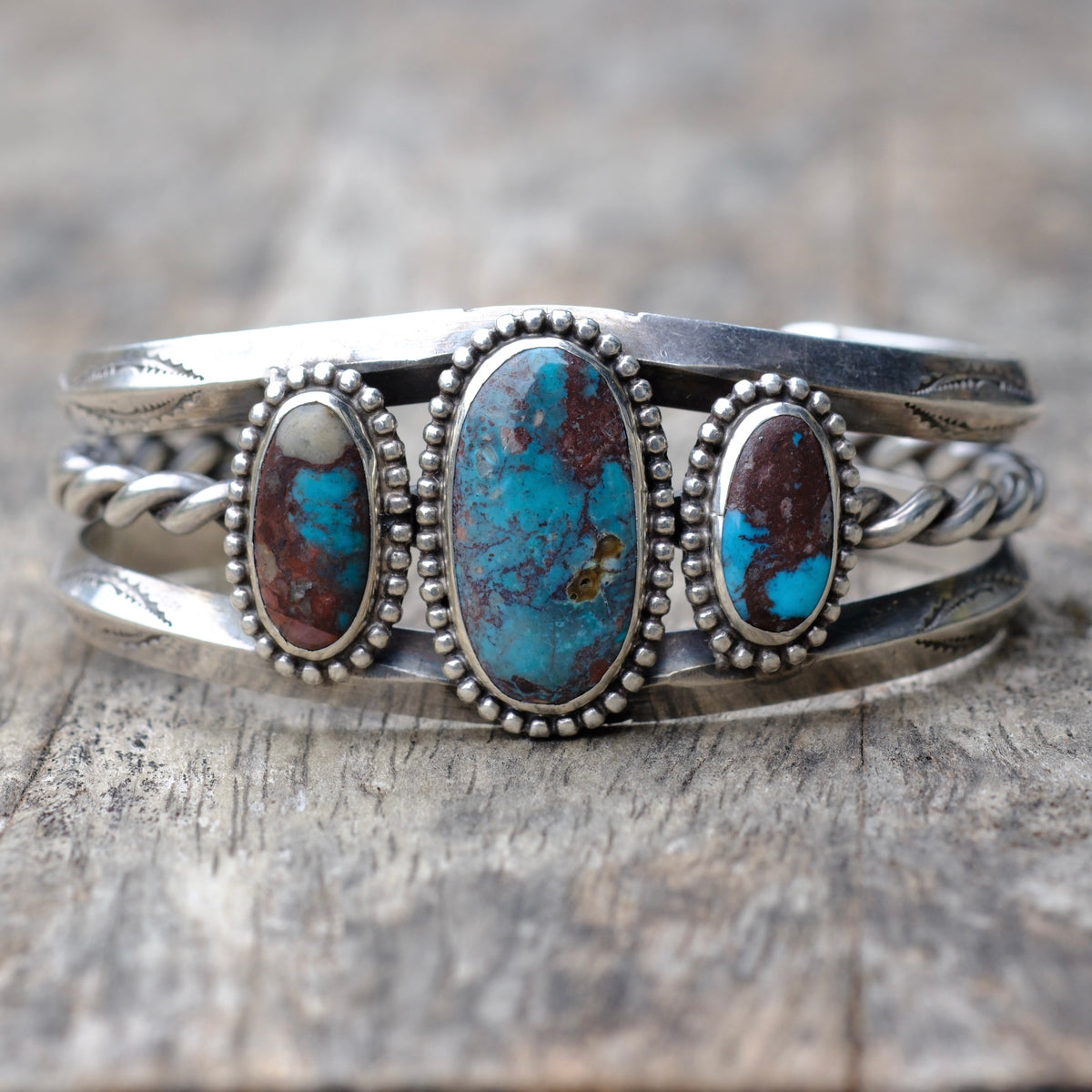 Vintage Sterling 3-Stone Bisbee Turquoise Cuff