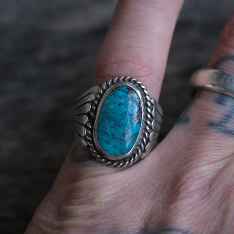Vintage Sterling Turquoise Roper Ring 6.75