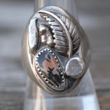 Vintage Sterling Chunky Petrified Wood Feather Ring 10