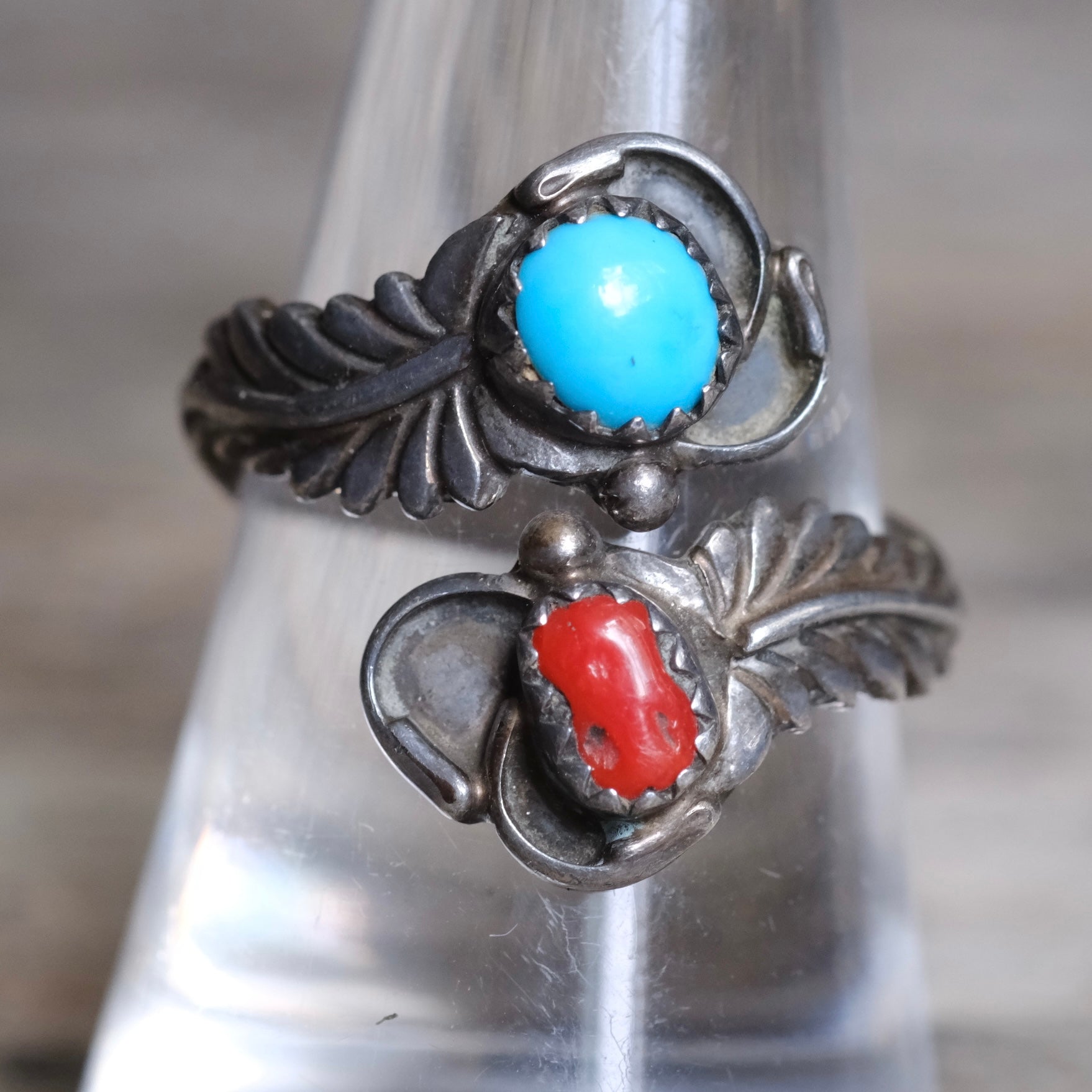 Vintage Sterling Turquoise and Coral Feather Overpass Ring 8.5