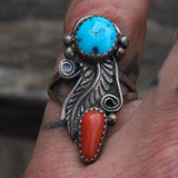 Vintage Sterling Turquoise and Coral Feather Ring 6.75