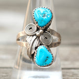 Vintage Sterling 2-Stone Turquoise Feather Ring 9.5