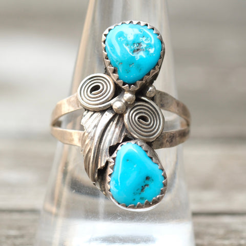 Vintage Sterling 2-Stone Turquoise Feather Ring 9.5