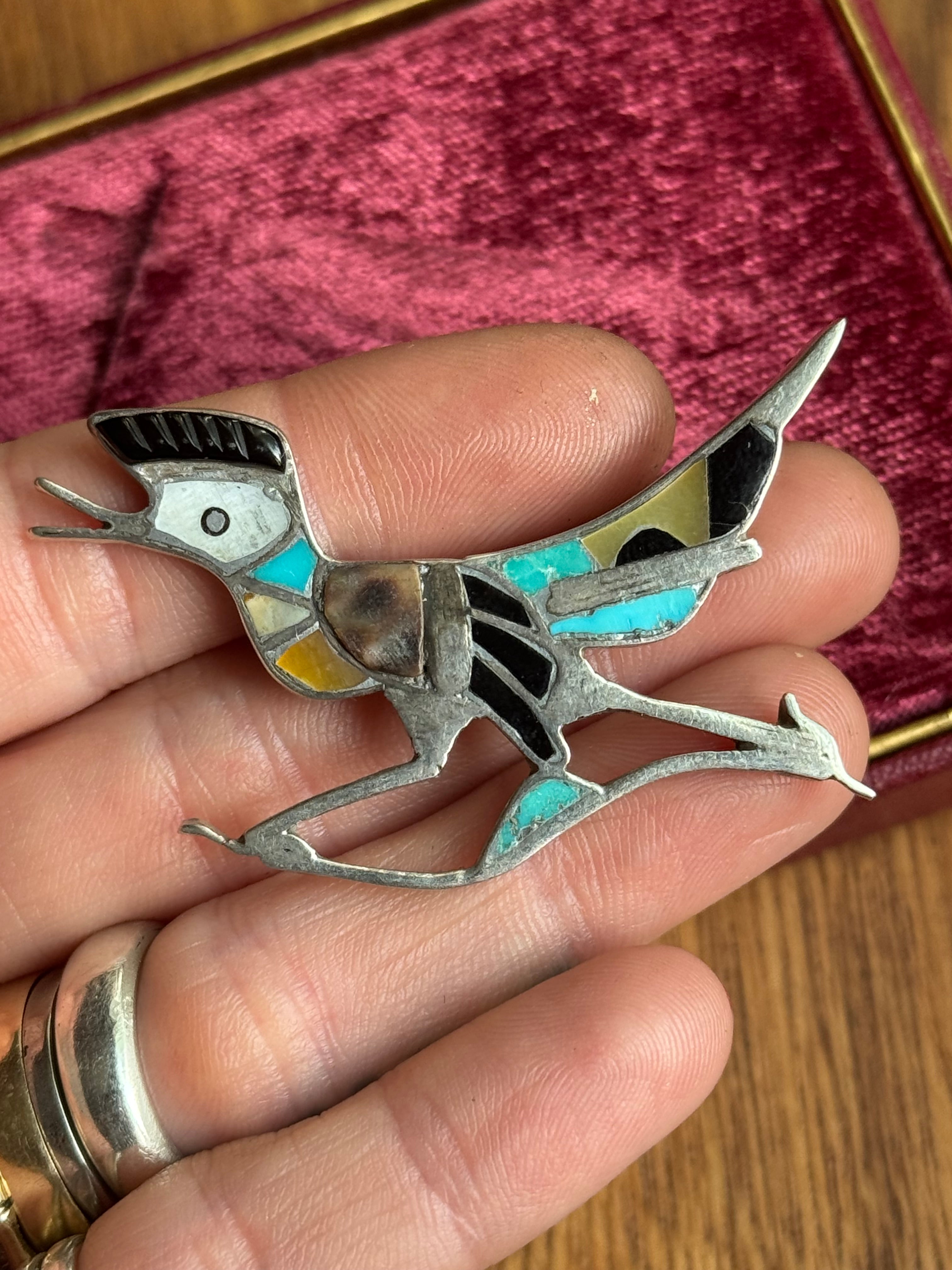 Vintage Sterling Silver Multistone Inlay Road Runner Pin