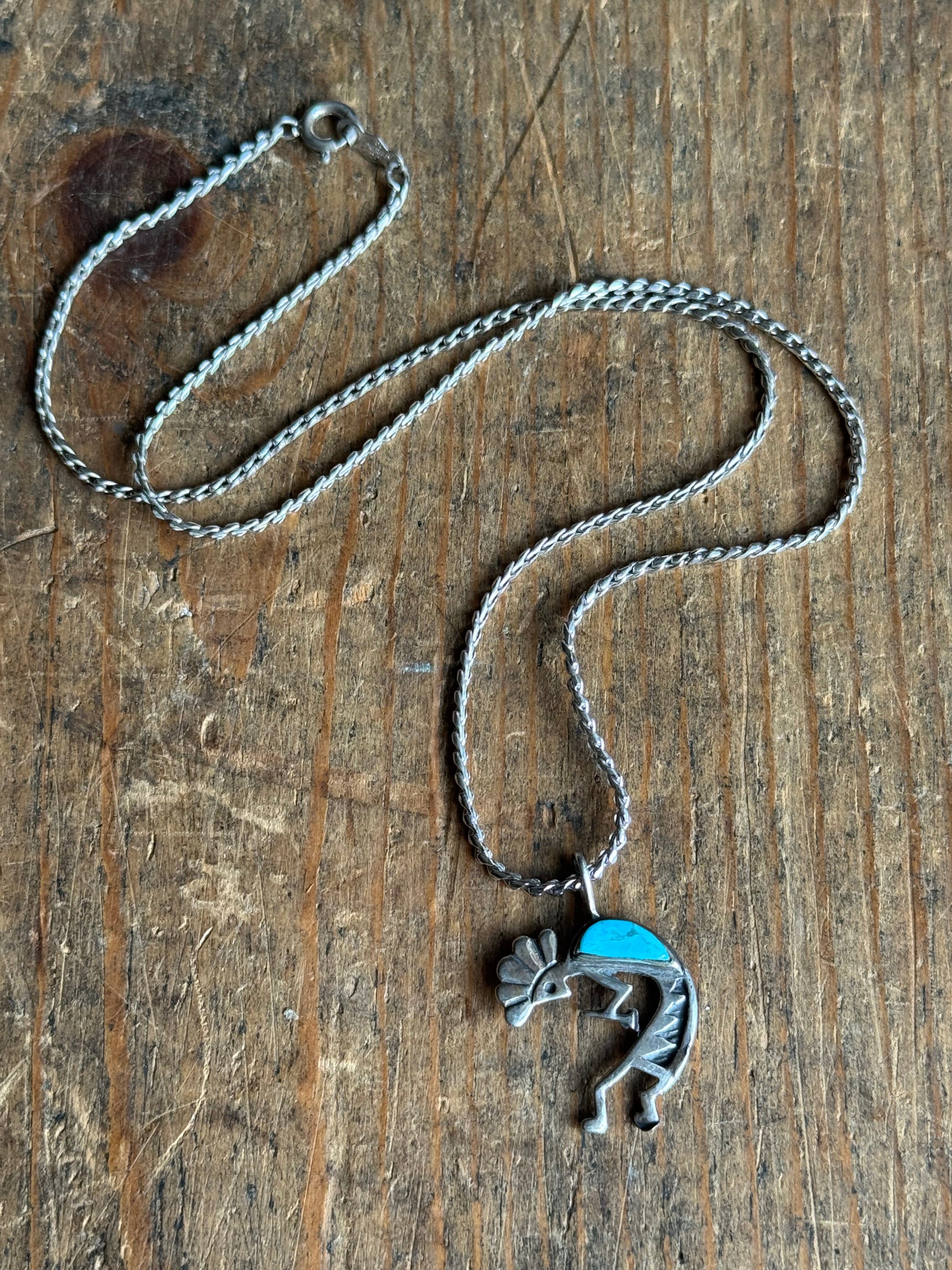 Vintage Sterling Silver Turquoise Kokopelli 15" Necklace