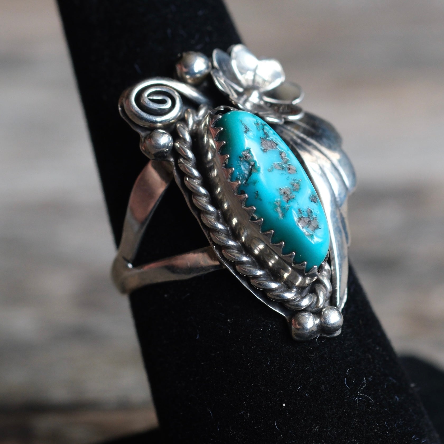 Vintage Sterling Turquoise Blossom Ring 7.25