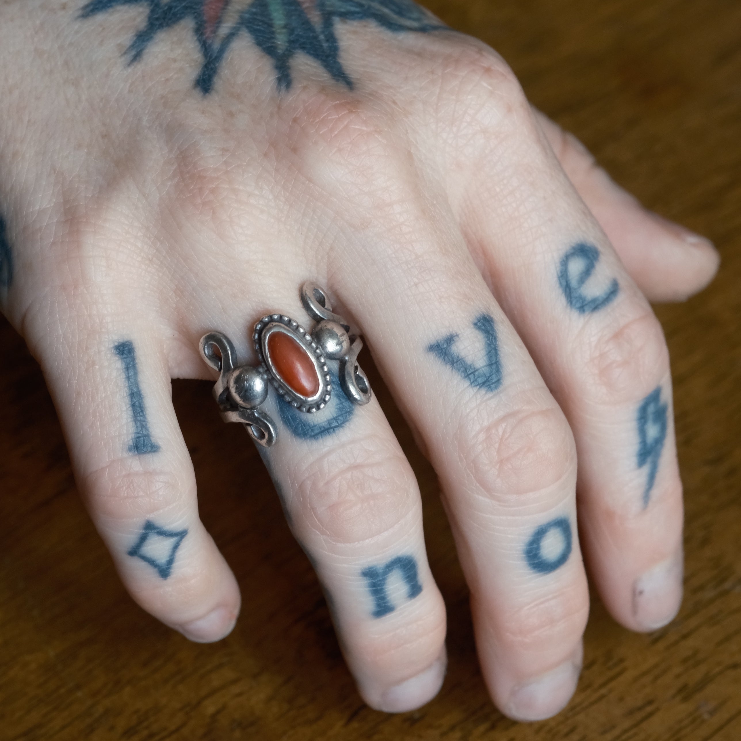 Vintage Sterling Coral Ring 5.5