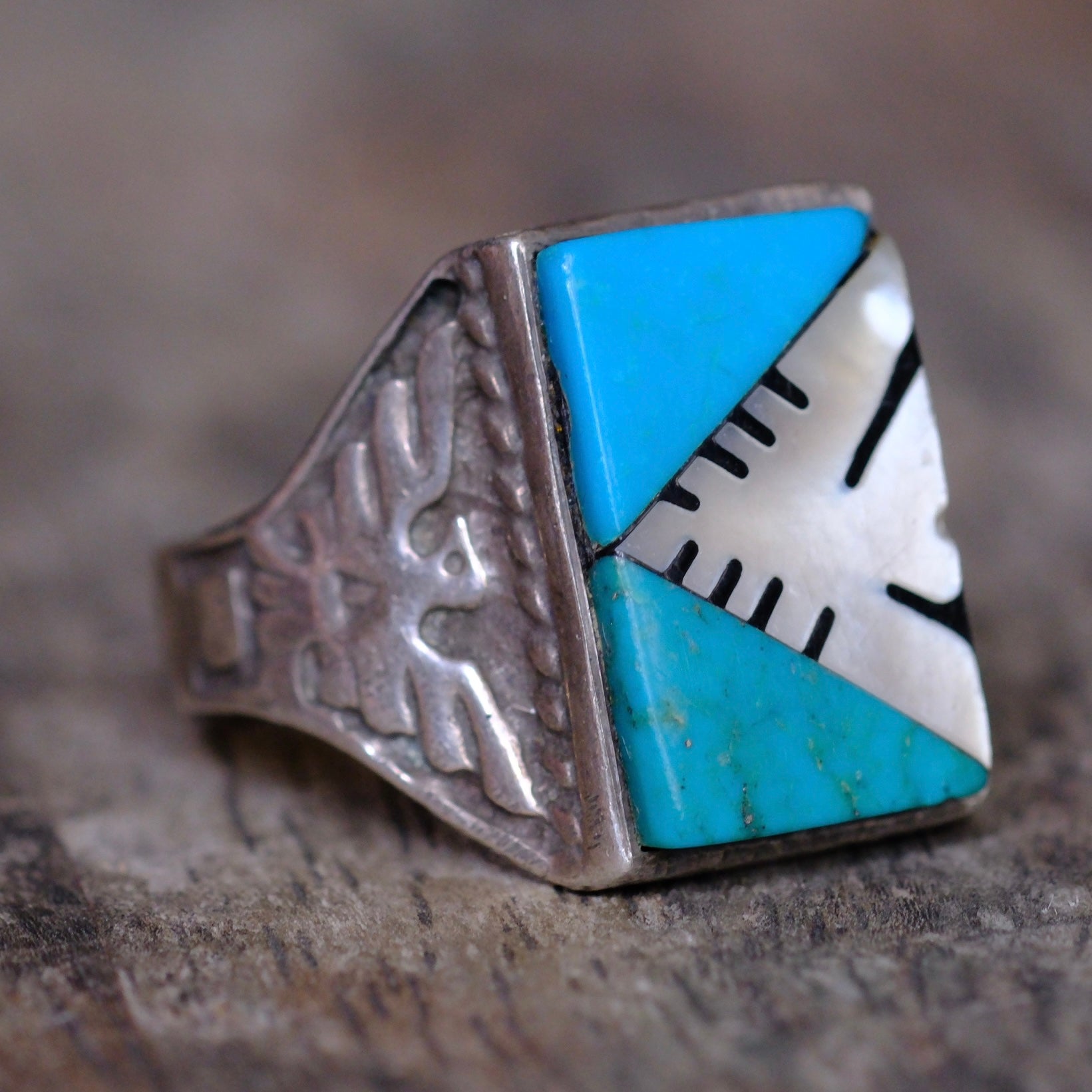 Vintage Sterling Multistone Inlay Thunderbird Ring 13.5