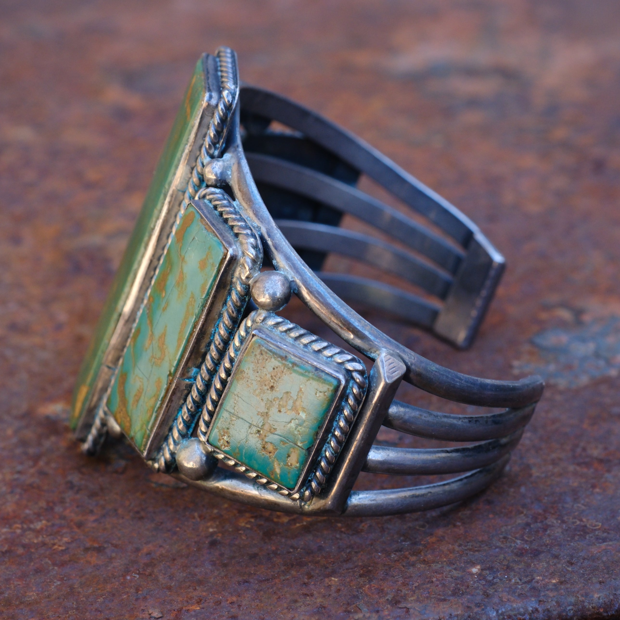 Massive Vintage Sterling 5-Stone Turquoise Roper Cuff Bracelet