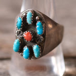 Vintage Sterling Old Pawn Turquoise and Coral Cluster Ring 10.5