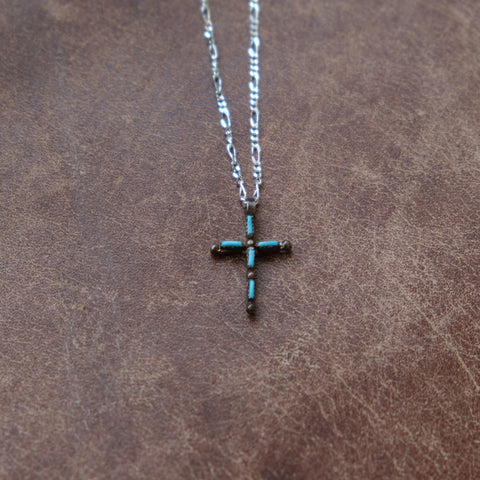 Vintage Sterling Zuni Inlay Turquoise and Coral Reverse Cross Necklace