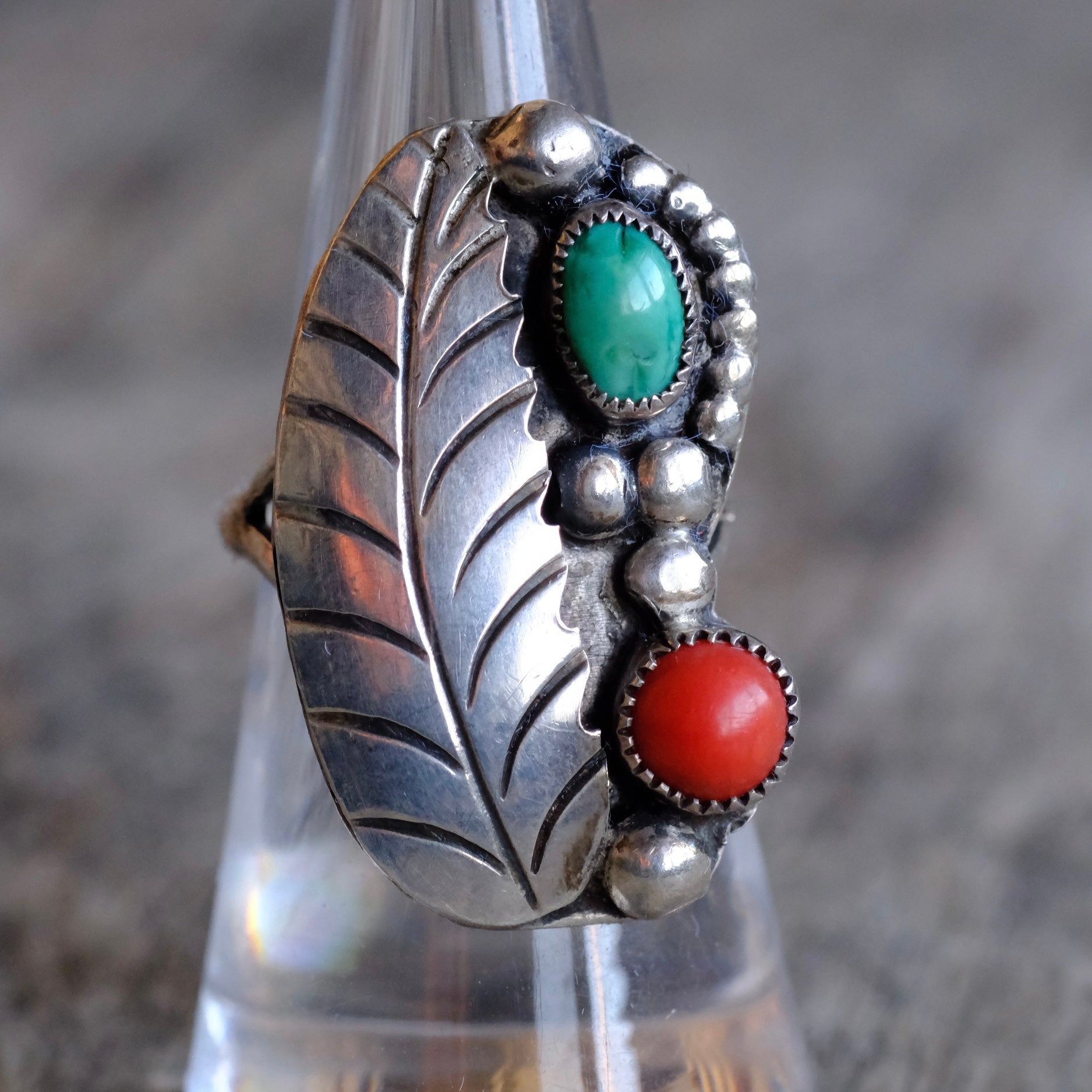 Vintage Sterling Turquoise and Coral Feather Ring 7