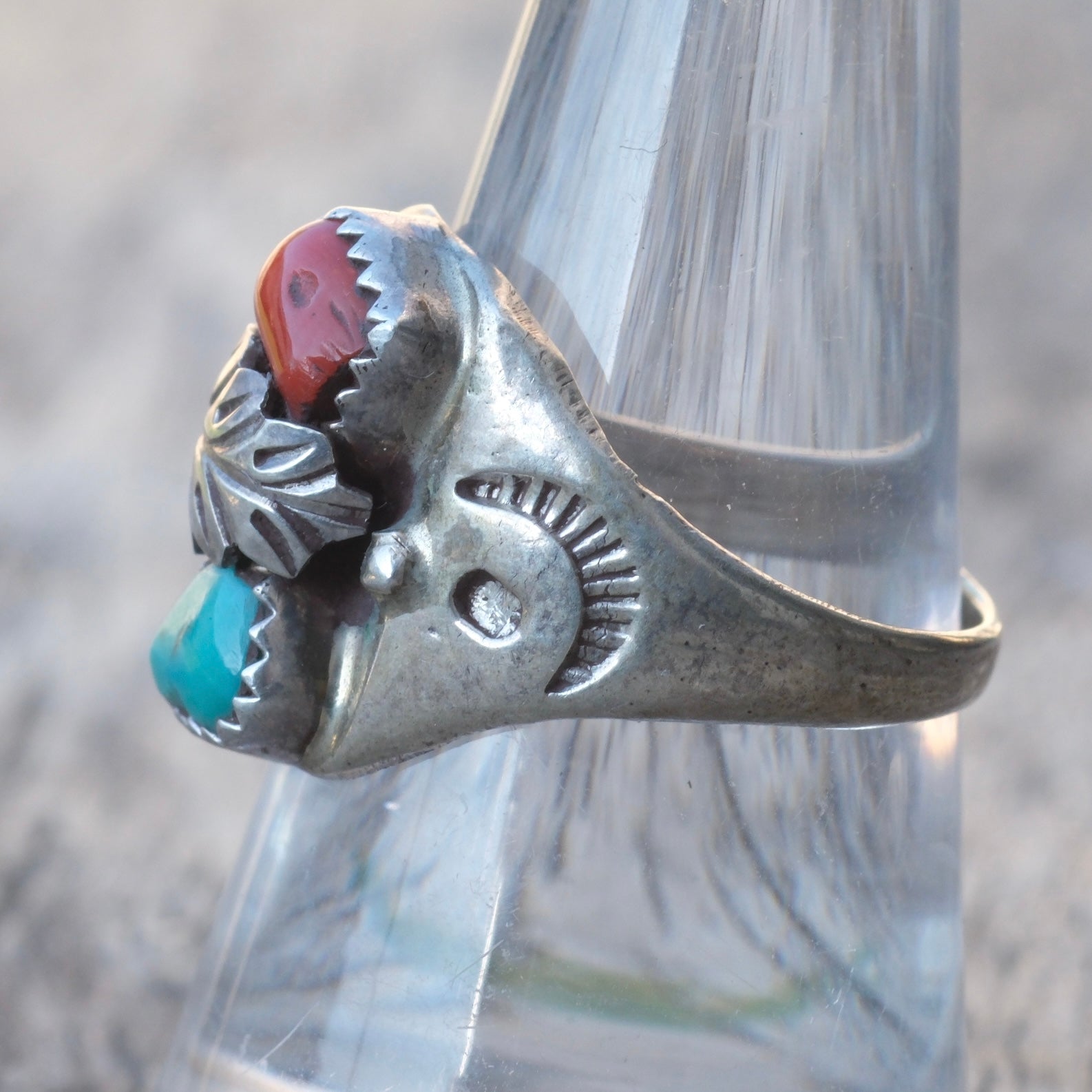 Vintage Sterling Turquoise and Coral Feather Ring 8.25