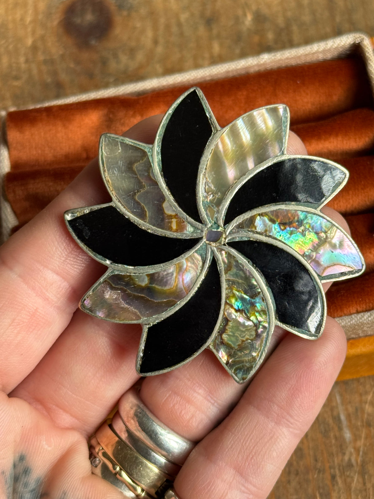 Vintage Sterling Silver Onyx & Abalone Inlay Florette Pendant Pin