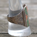 Vintage Sterling Turquoise and Coral Inlay Stamped Band Ring 10.25