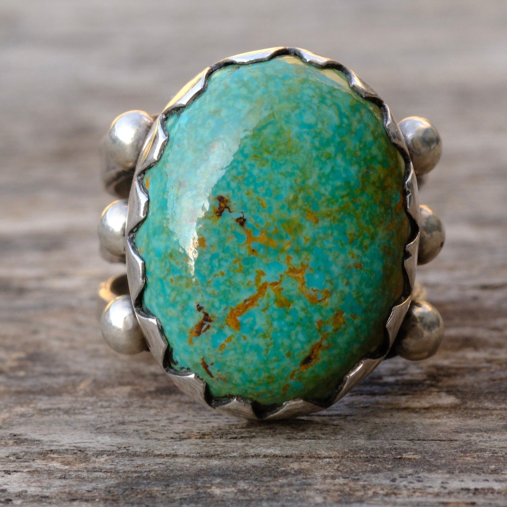 Heavy Sterling Silver Stamped Band Turquoise Ring 10
