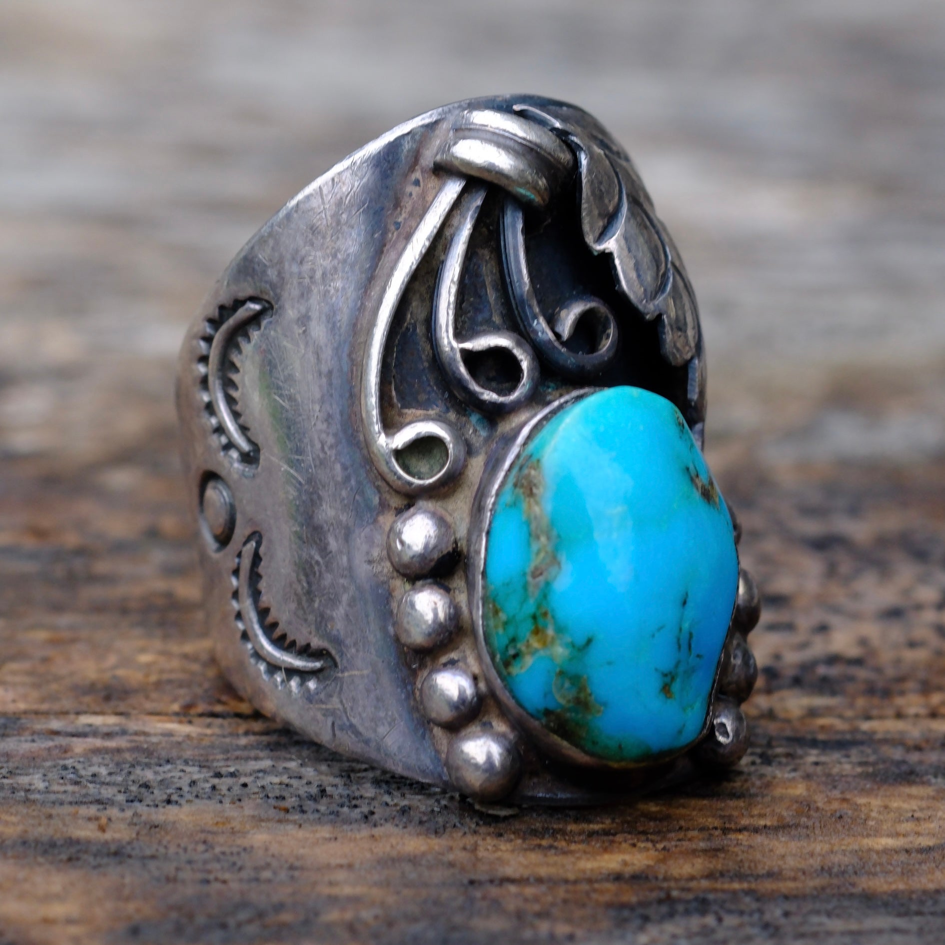 Vintage Sterling Turquoise Feather Ring 9.5