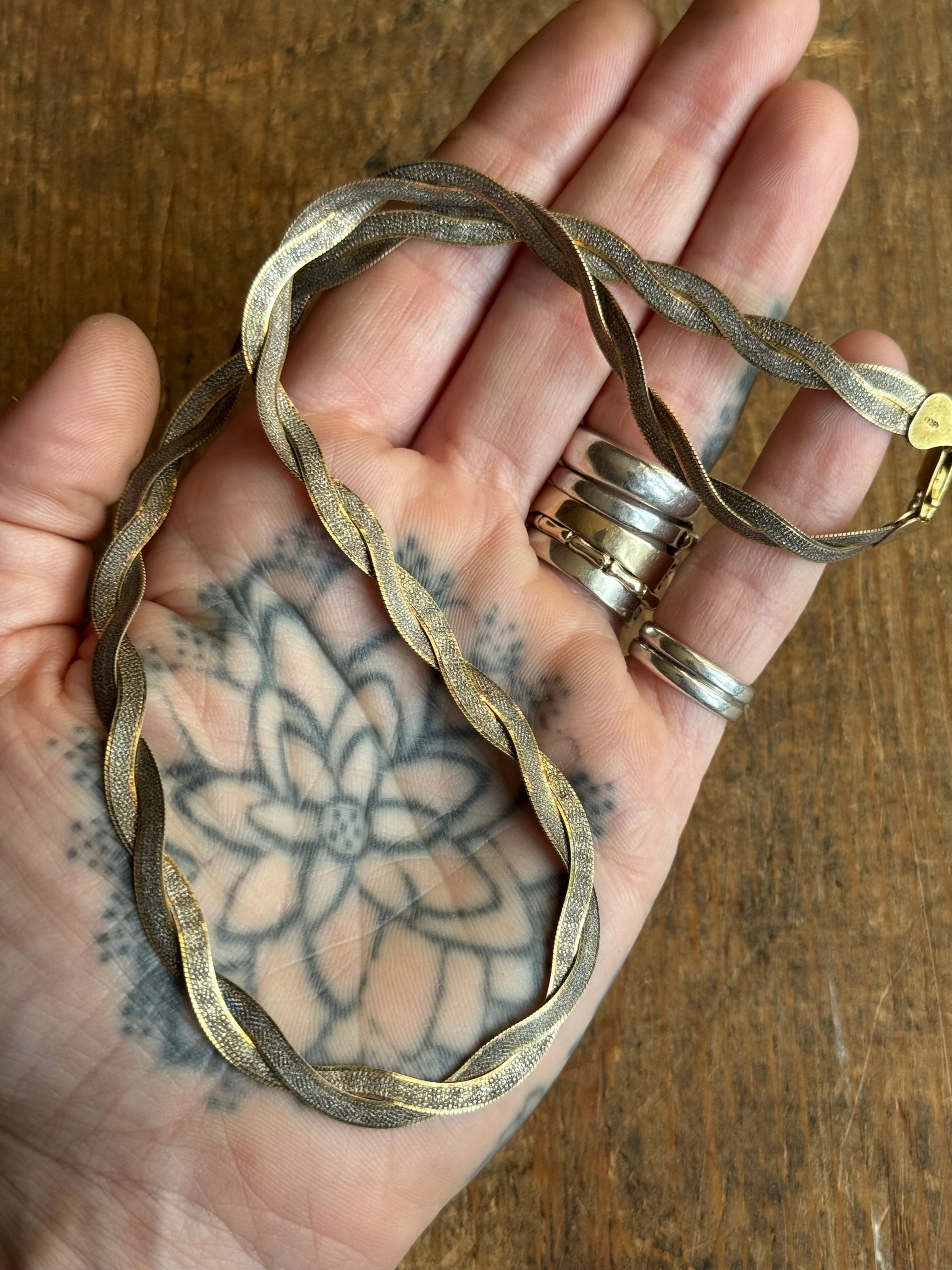 Vintage Sterling Silver 18” Gold Tone Etched Twist Herringbone Chain