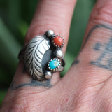 Vintage Sterling Turquoise and Coral Feather Ring 6.5