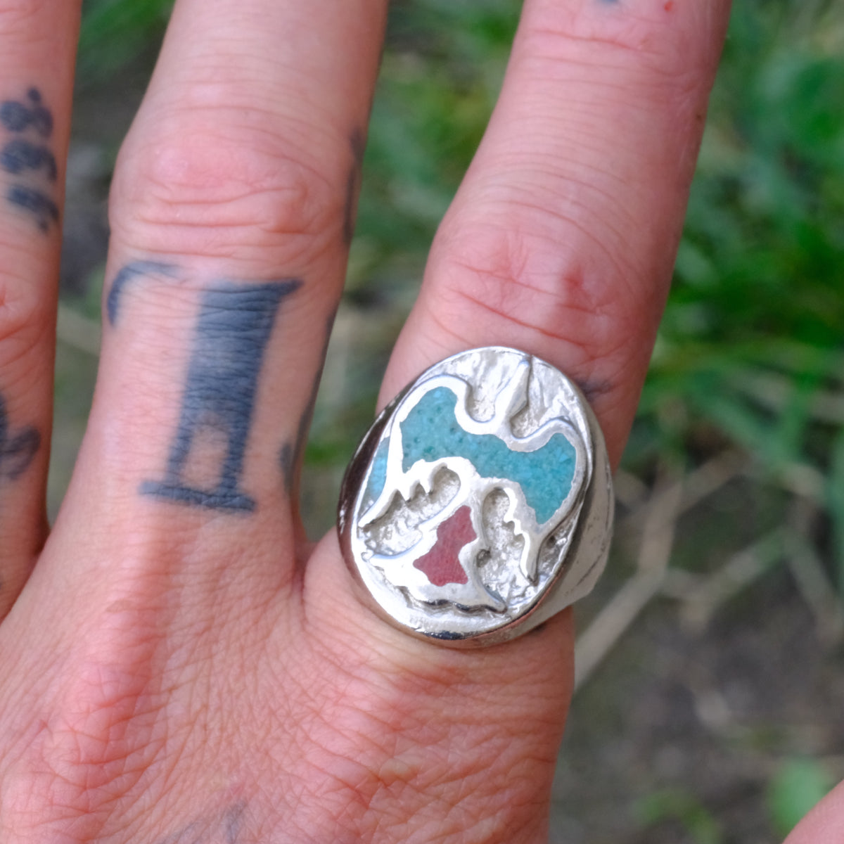 Vintage Sterling Turquoise and Coral Thunderbird Ring 9.25