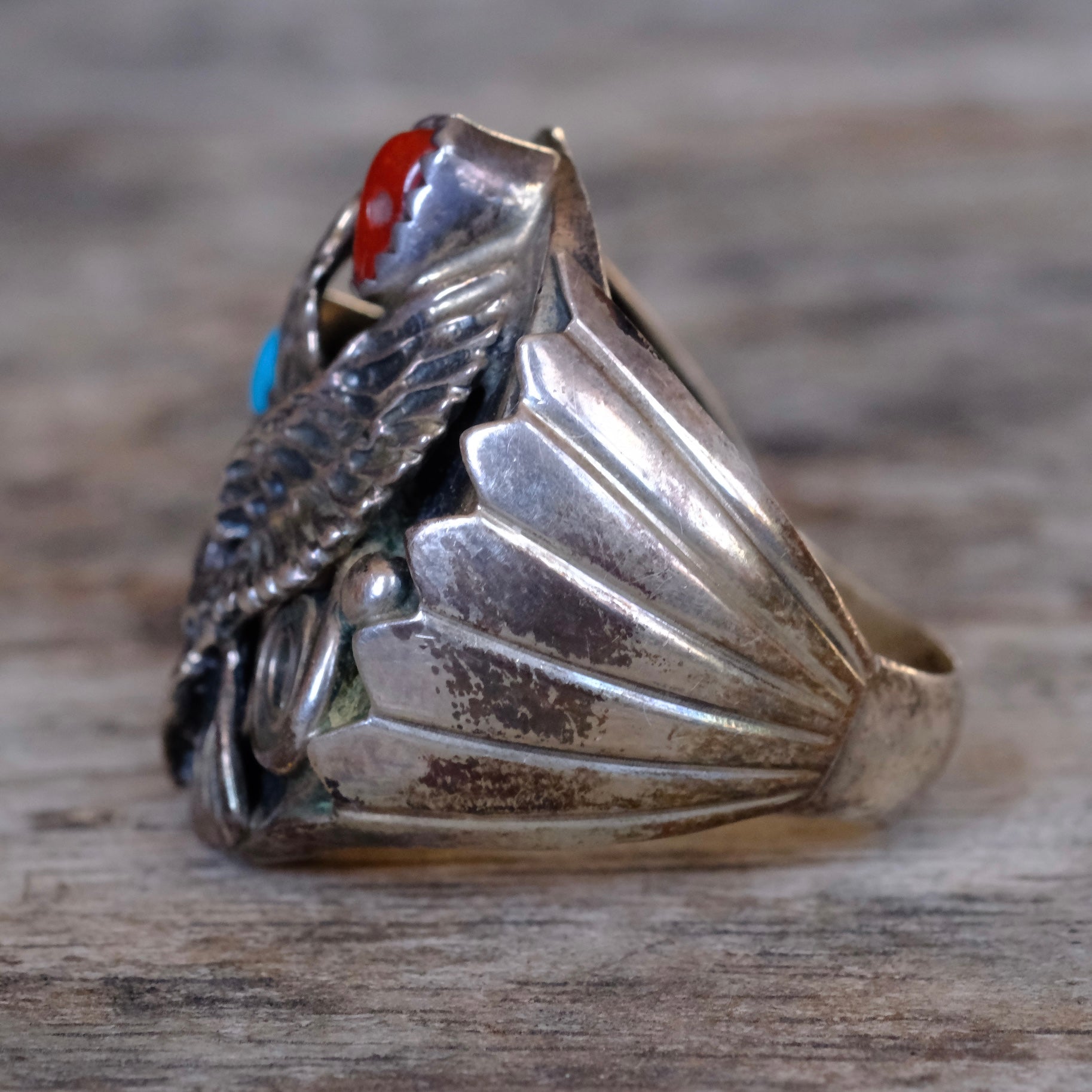 Vintage Sterling Turquoise and Coral Eagle Ring 9