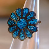 Vintage Sterling Turquoise Inlay Flower Ring 4.5